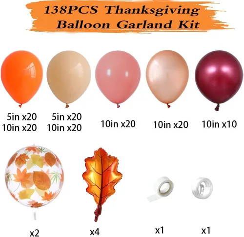 Vista 2 de Kit de arco de guirnalda de globos de Acción de Gracias de otoño, 138 unidades, globos de color naranja, rubor, borgoña, oro rosa, globos con hojas