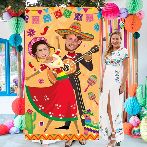 Vista 5 de Xqumoi Cartel para puerta de fotos de fiesta, decoración de fiesta, divertido y grande de tela mexicana del Cinco de Mayo, accesorio para fotos