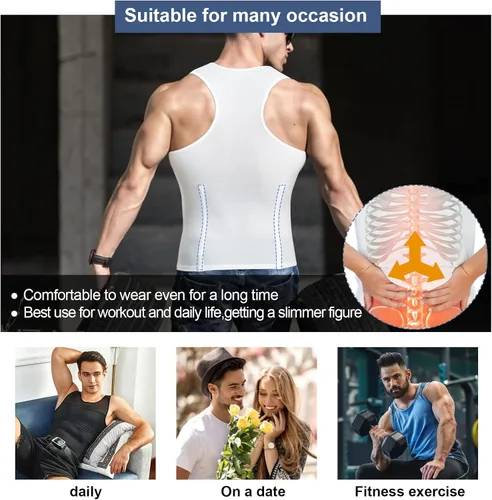 Vista 5 de MOLUTAN Camisas de compresión para hombre, faja moldeadora de pecho, control de abdomen, moldeador de cuerpo, camiseta interior adelgazante, chaleco
