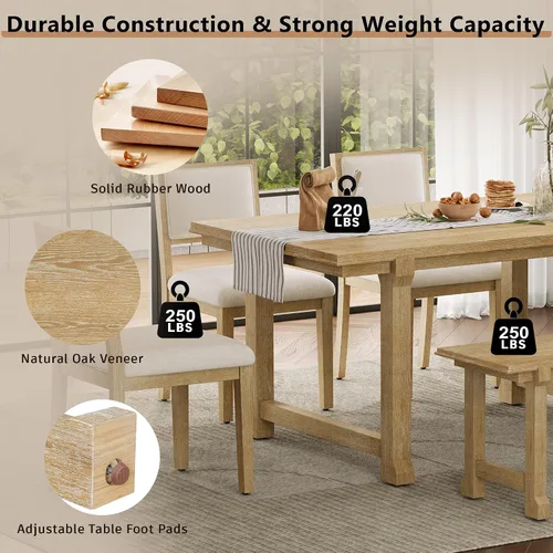 Vista 61 de Juego de mesa de comedor vintage de 6 piezas, juego de mesa de comedor de cocina de madera maciza con 4 sillas ergonómicas acolchadas y banco, mesa