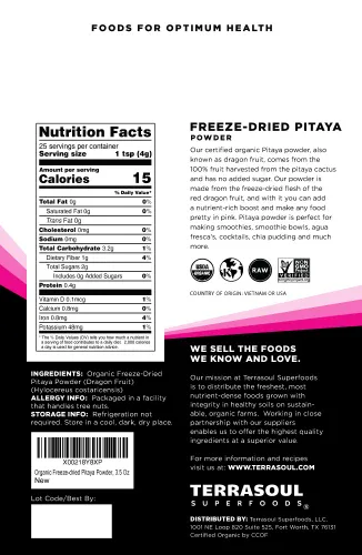 Vista 2 de Terrasoul Superfoods Polvo de pitaya orgánico liofilizado (fruta del dragón), 3.5 onzas, color vibrante, antioxidantes, vitamina C