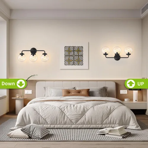 Vista 6 de Lámparas de Tocador de Baño Negras Sobre Espejo, Aplique de Pared Moderno Negro Mate de 3 Luces con Pantalla de Bola de Vidrio Transparente, Luces