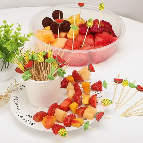 Vista 5 de Minisland Palillos de cóctel de hojas de piña de sandía mixtos, palillos de bambú de 4.7 pulgadas de largo para aperitivos, comida hawaiana