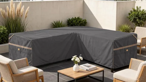 Vista 9 de Funda impermeable para sofá modular en forma de V para exteriores, resistente a los rayos UV, para muebles de patio de 5 plazas, 85 pulgadas de Gris