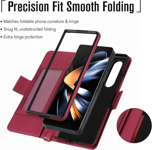 Vista 5 de Compatible con Samsung Galaxy Z Fold 3 5G 2021 - Funda tipo cartera con cremallera y bloqueo RFID, correa para tarjetero, ranuras para tarjetas Rojo