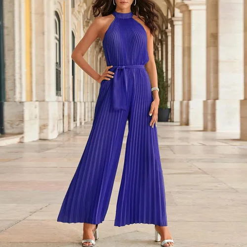 Vista 2 de Hugncmy Women Casual Solid Neck Hanging Sleeveless Pleated Jumpsuit Backless Button Belt Animal Pajama Jumpsuits for