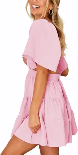 Vista 4 de Senllen Vestido de verano 2023 para mujer, cuello cuadrado, manga corta, recortado, cintura cruzada, casual, fiesta, escalonado, mini vestido