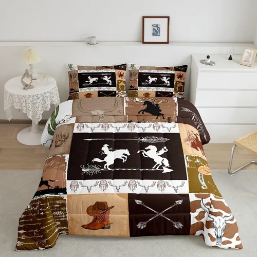 Vista 21 de Ropa de cama con estampado de vaca marrón tamaño individual, juego de edredón rústico de piel de vaca con calavera de vaca, relleno de edredón