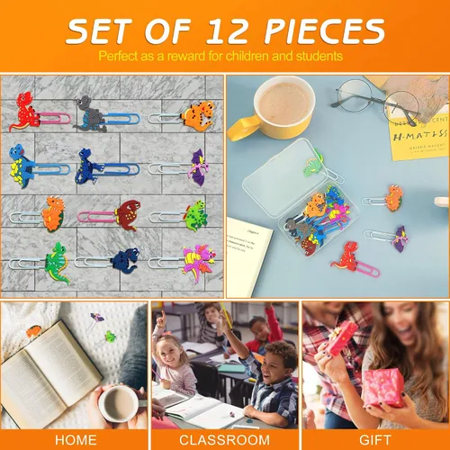 Vista 6 de Marcapáginas de animales lindos, 12 piezas únicas y divertidas, clips de papel para niños, adolescentes, niños, niñas, estudiantes (dinosaurio)