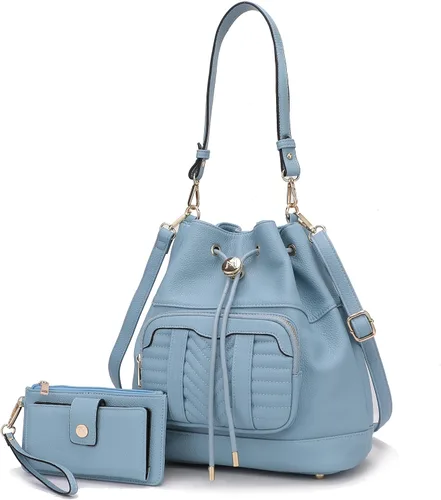 Vista 10 de MKF Collection Bolso bandolera para mujer, bolso de hombro con cordón, bolso de mano de moda con cartera de muñeca