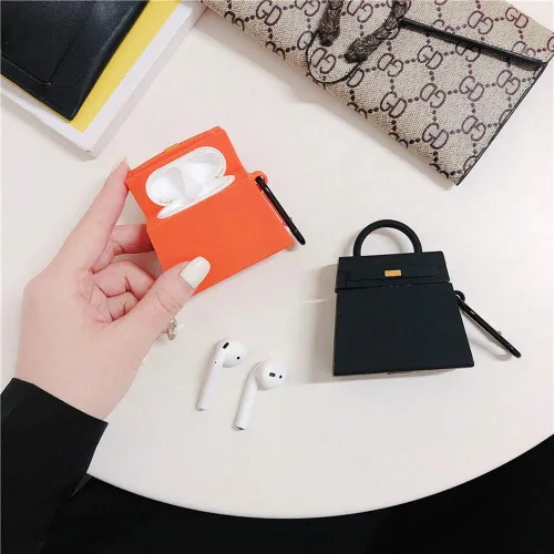 Vista 6 de Compatible con auriculares Airpods 1 y 2, diseño de bolsa de mano de moda, protector de auriculares inalámbricos, silicona suave, accesorios a Negro
