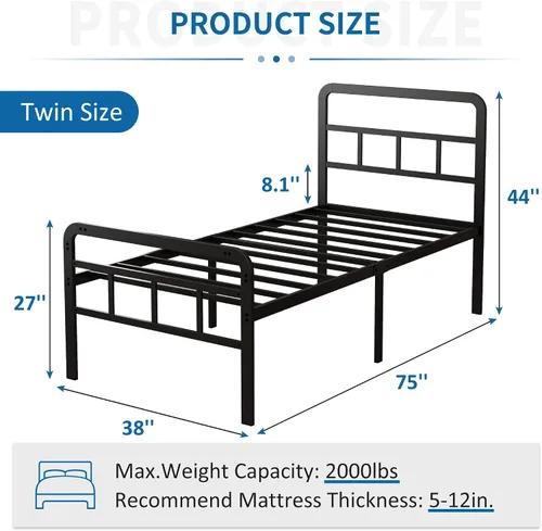 Vista 2 de Marco de cama de metal de 18 pulgadas con cabecero y estribo Cama extra resistente con espacio de almacenamiento, listones de acero, sin ruido,