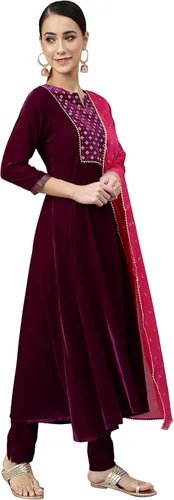 Vista 5 de Janasya Indian - Kurta de terciopelo morado con pantalón y Dupatta para mujer