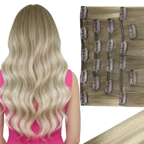 Vista 25 de Ve Sunny Extensiones de cabello clip-in de cabello humano real con reflejos, extensiones de cabello con clip para cabello corto, marrón oscuro