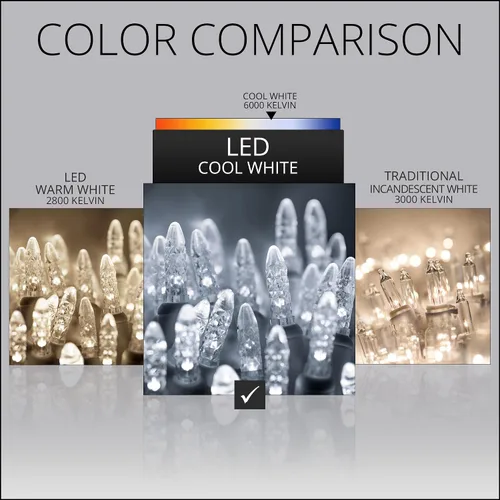 Vista 6 de 50 luces LED M5 blancas frías para Navidad, tira de mini luces de calibre comercial para interiores/exteriores con cable verde de 17 pies