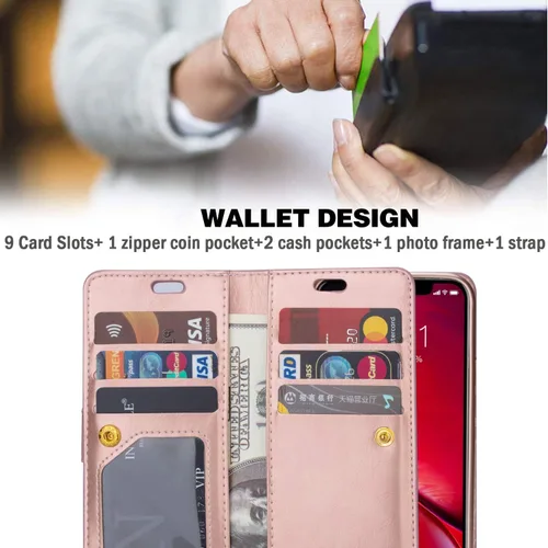 Vista 6 de ZCDAYE Funda tipo cartera para iPhone 11, cierre magnético, bolsillo con cremallera, función atril, piel sintética, funda interior de TPU suave