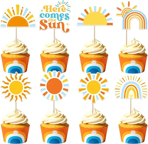 Vista 17 de 36 piezas de decoración para cupcakes de sol de doble cara con diseño de flores y sonrisas, decoración de cupcakes SunShine para temática de sol