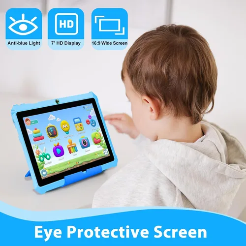 Vista 6 de YINOCHE Tableta Android para niños de 7 pulgadas para niños de 3 a 7 pulgadas, tabletas de 32 GB para niños pequeños con estuche WiFi control Azul