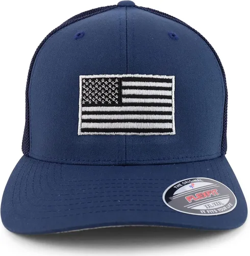 Vista 2 de Gorra de béisbol de gran tamaño XXL con bandera estadounidense bordada flexible y parte trasera de malla