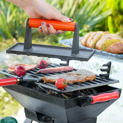 Vista 4 de Sungmor - Prensa de parrilla de hierro fundido resistente, 22.1 cm x 10.9 cm, prensa de hamburguesa rectangular, aplastador de tocino con mango