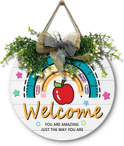 Vista 12 de Señal de puerta de maestro para aula Dacawin Señal de puerta de aula de madera para maestros Guirnalda de arco iris para puerta de aula Placa