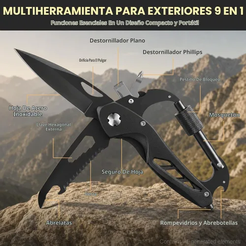 Vista 3 de FUNBRO Multiherramienta manual estilo mosquetón 9 en 1, herramienta para Negro profundo
