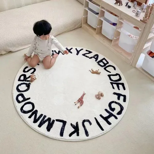 Vista 2 de MOJUN Alfombra redonda del alfabeto de 2.6 pies con dibujos animados ABC para niños y niñas, antideslizante, para aula, guardería, habitación de Azul