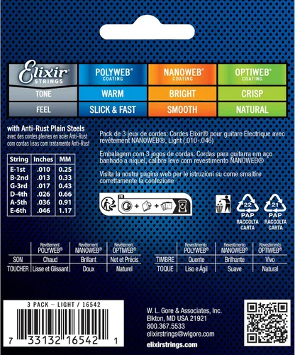 Vista 2 de Elixir Cuerdas, cuerdas para guitarra eléctrica, acero chapado en níquel con revestimiento NANOWEB, tono brillante de mayor duración con sensación