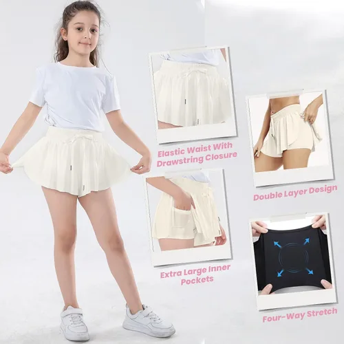 Vista 2 de Paquete de 3 pantalones cortos fluidos para niñas con bolsillos, 2 en 1, faldas de mariposa fluidas para jóvenes, pantalones cortos para correr