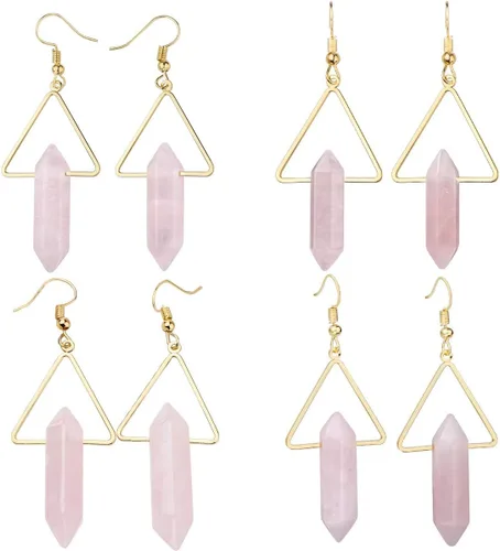 Vista 3 de Nupuyai Aretes colgantes de piedra para mujer, hexagonales de doble punto, cristal curativo de cuarzo, chapados en oro, triángulo, con gancho