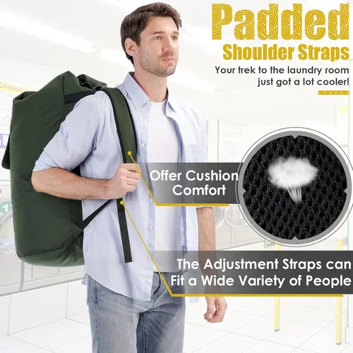 Vista 4 de Mochila para lavandería, 115L, resistente, extra grande, bolsa de ropa sucia con correas para el hombro, bolsa de ropa sucia con cierre de cordón