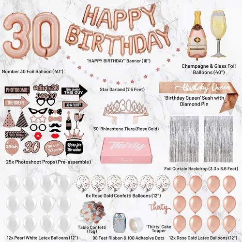 Vista 2 de PartyHooman Decoraciones de cumpleaños número 30 para mujer con banda de cumpleaños número 30 y tiara de diamantes de imitación Globos