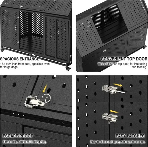 Vista 4 de Jaula para perros indestructible de 44 pulgadas con ruedas, jaula de acero a prueba de escapes para interiores, doble puerta, alta ansiedad