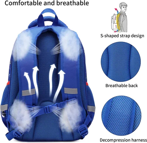 Vista 4 de Mochila infantil para niños de primaria, preescolar, 16 pulgadas, multifuncional, linda capacidad, Azul Patchwork, 16 pulgadas