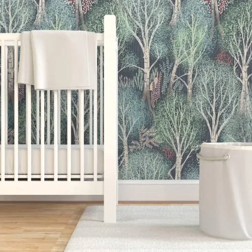 Vista 6 de Spoonflower Fairy Tale Woodland Pre-Pasted Removable Wallpaper Roll 24" x 108" Large Scalehand Drawn Neutral Gray Green Water-activated, simple