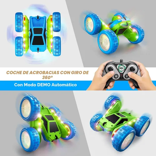 Vista 7 de Auto a control remoto, auto de acrobacias RC de 360° con rotación y giros con carga USB-C, batería modular, 4WD, autos RC con tiras de luces LED