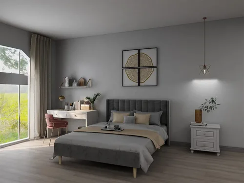 Vista 21 de Upholstered Bed Frame with Wingback Headboard and Wood Slats (Beige-Linen, Twin)
