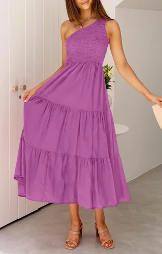 Vista 3 de ZCSIA - Vestido de verano bohemio para mujer, con un hombro descubierto, sin mangas, unicolor, largo debajo de la rodilla y con holanes escalonados
