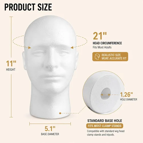 Vista 2 de Soporte de cabeza de maniquí para peluca masculina, modelo espuma de poliestireno, color blanco