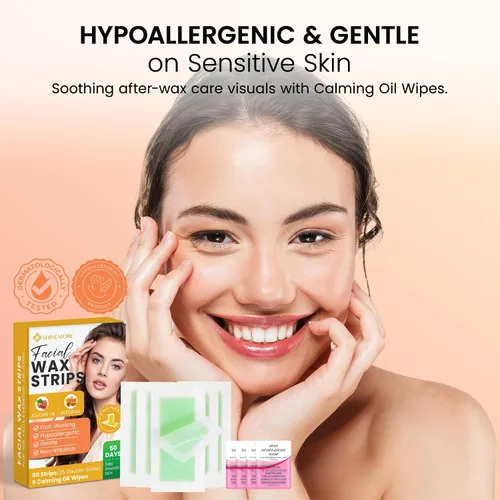 Vista 5 de Tiras de cera facial para depilación: trabajo rápido y suave para cara, cejas, labio superior, barbilla, hipoalergénicas para todo tipo de piel, 50