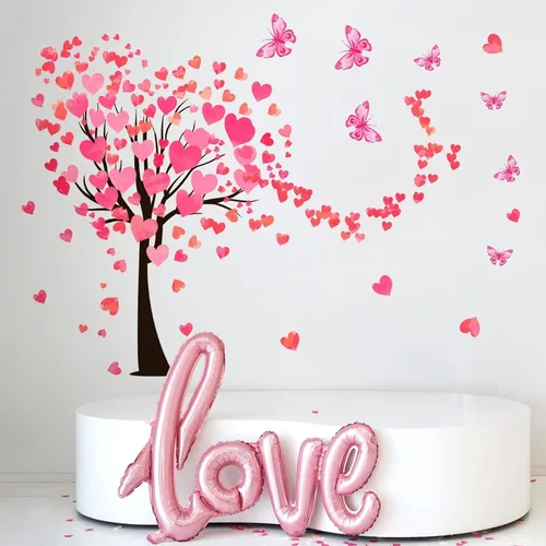 Vista 2 de Calcomanía de pared de árbol de corazón rojo para el día de San Valentín, 48.4 x 33.8 pulgadas, calcomanías de corazón para decoración de fiesta