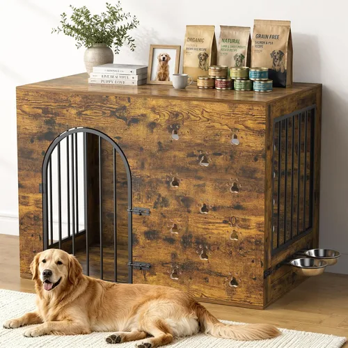 Vista 11 de Mueble de jaula para perros pequeños y medianos, perrera de metal de madera resistente para interiores con cuencos, jaula decorativa para mascotas
