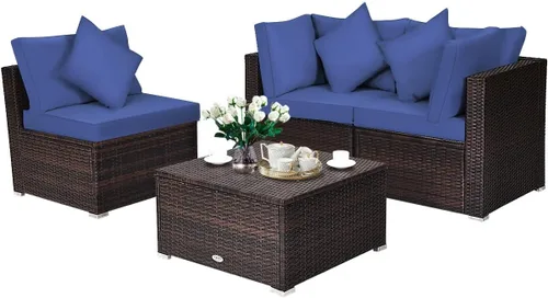 Vista 9 de HAPPYGRILL Juego de sofá de mimbre para patio de 4 piezas, moderno juego de sofá modular con cojines y almohadas lavables, juego de muebles de ratán