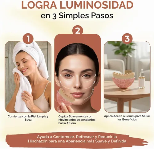 Vista 6 de Cepillo facial de contorno linfático 3PCS con herramienta Guasha de acero Rosa