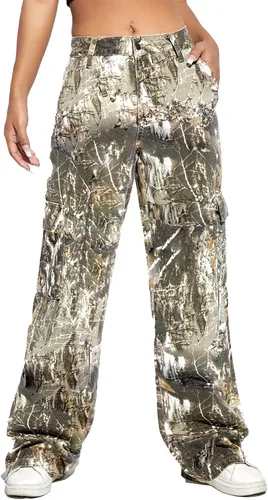 Vista 4 de Pantalones cargo de camuflaje para mujer, cintura alta, holgados, pierna ancha, camuflaje militar, pantalones deportivos ajustados con bolsillo