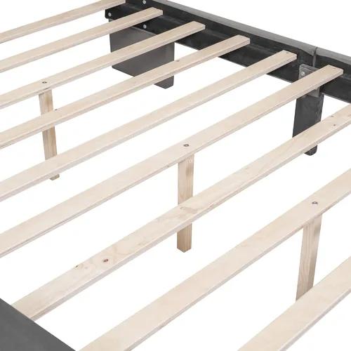 Vista 7 de Base de cama de tamaño matrimonial con cabecera tapizada de terciopelo, marco de cama con cajones y listones de madera que soportan el marco