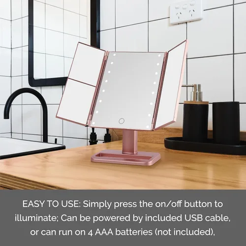 Vista 3 de MELANNCO - Espejo de tocador con luces, espejo de maquillaje LED de tres pliegues de oro rosa para escritorio, 16 luces LED, 2 secciones de aumento
