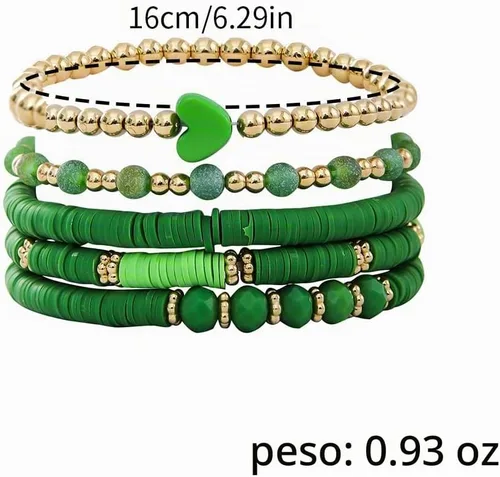 Vista 2 de Caiyao Juego de pulseras apilables de arcilla con corazón multicapa de Bohemia, pulseras elásticas con cuentas doradas de arcilla Heishi para Verde