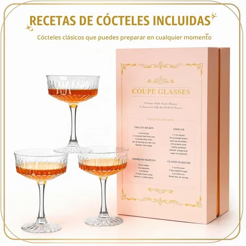Vista 5 de VIMERPA Copas de Cupé, Juego de 4 Copas de Martini, Copas de Champán Vintage, Copa de Martini Grande de 8oz, Copa de Cóctel de Estilo Retro