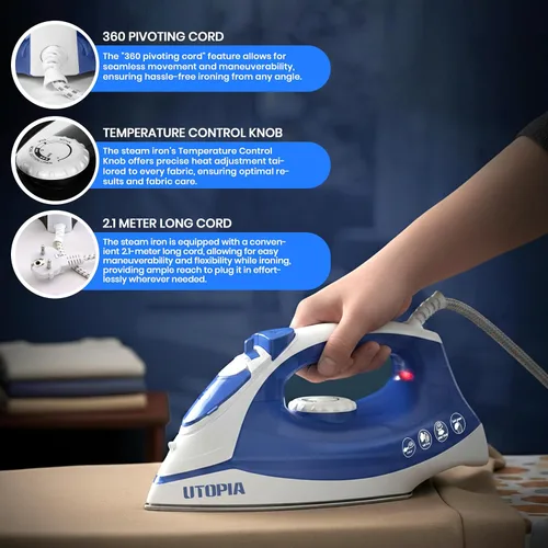 Vista 4 de Utopia Home Plancha de vapor para ropa con suela antiadherente, plancha de ropa de 1200 W con control de termostato ajustable, protección